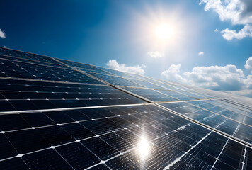 Solar panels absorbing sunlight under blue sky, representing renewable energy, sustainability, and clean power for a brighter future