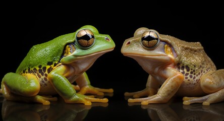 Two Amphibians Facing Each Other, Detailed Close-up, Green and Brown, Textured Skin, Bright Eyes