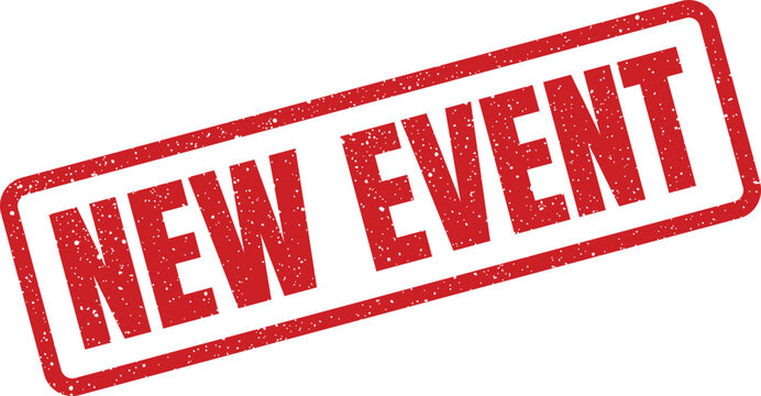 Distressed red rectangle rubber stamp impression announcing an important new event or upcoming occasion