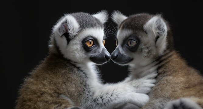 Two Ring-Tailed Lemurs in Close Contact, Striking Gaze, Gentle Interaction