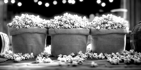 Freshly popped popcorn displayed in burlap sacks at a festive outdoor event during the evening with string lights
