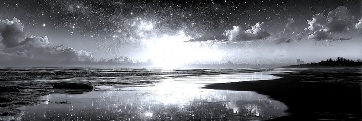 Majestic sunset illuminating the ocean with a starry sky and gentle waves on a serene beach at twilight