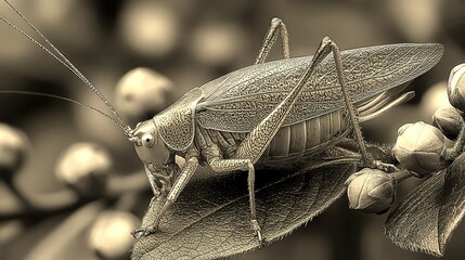grasshopper perched on a leaf among blooming buds during springtime outdoors