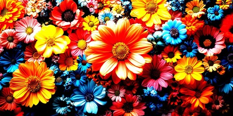Colorful flower arrangement featuring diverse blooms in vibrant shades during a sunny spring day - High Contrast