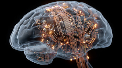Futuristic electronic brain with glowing circuits symbolizes artificial intelligence, innovation, and the fusion of human cognition with digital technology on a transparent background.