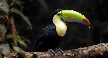 Naklejka premium Vibrant Toucan Perched on Branch, Exotic Bird Portrait with Colorful Beak