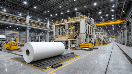 Large roll of white, gold, and silver steel sheet in an aluminum factory, symbolizing industrial strength, precision manufacturing, modern infrastructure, and technological progress.