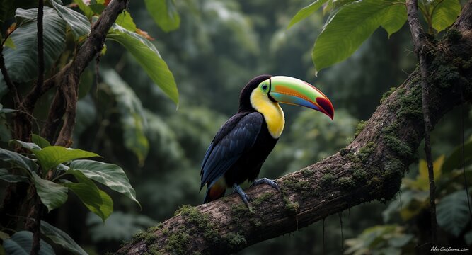 Vibrant Toucan Perched on a Mossy Branch in a Lush Forest toucan, bird, wildlife, nature, tropical, jungle, exotic, avian, colorful, beak, feathers, branch, tree, forest, greenery, foliage, outdo