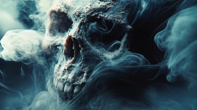 Human skull surrounded by swirling smoke clouds creating dark mysterious atmosphere symbolizing death mortality and macabre aesthetic concept for the background of an epic wallpaper