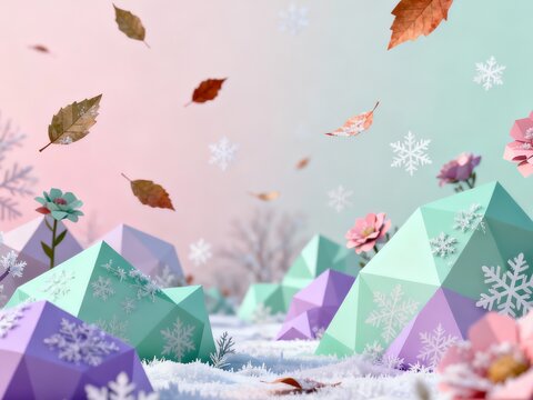 Abstract 3D landscape with pastel geometric mountains, flowers, snowflakes, and falling autumn leaves, seasonal transition concept combining winter and autumn in minimal fantasy style.