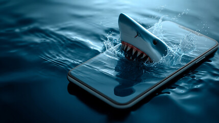A sleek white smartphone with a shark fin emerging from the top symbolizing the hidden dangers of digital scams and phishing representing cybersecurity risk awareness and online threat concepts