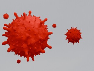 A detailed 3D of a large cell structure, possibly representing a virus, bacterium, and immune cell, floating in a light gray background.