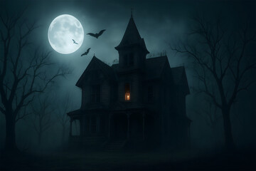 Fototapeta premium Old haunted mansion beneath the full moon surrounded by mist and leafless trees, cinematic Halloween night atmosphere filled with mystery and depth.