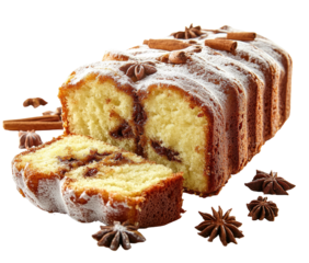 Sliced loaf cake dusted with sugar, garnished with spices, brown filling