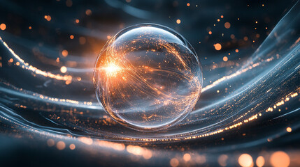 White, gold, and silver metallic sphere gleams with captivating light, creating a mesmerizing abstract futuristic technology background with blurred space for captions.