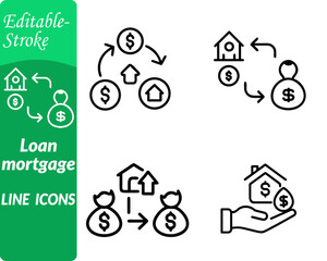 Loan mortgage icon characterized by a house symbol. combined with a dollar sign coins document representing financial agreement and property ownership. Includes subtle elements like a hand offering.