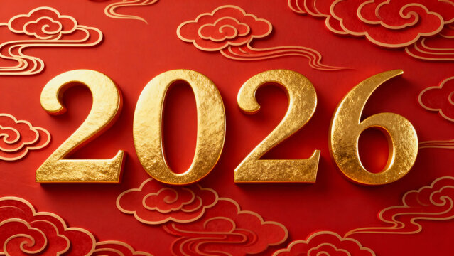 Golden 2026 numerals on a red background with traditional cloud patterns