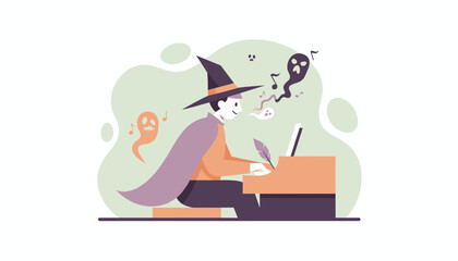 Smiling wizard in a witch hat plays piano creating music with dancing ghosts Halloween concept