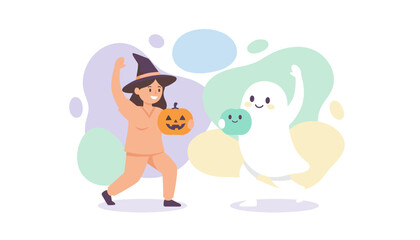 Happy witch and ghost characters celebrating Halloween with pumpkins joyful holiday scene
