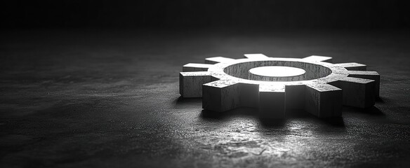 Metal cogwheel illuminated on a textured dark surface in grayscale tones