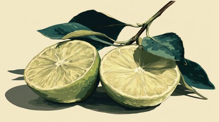 Split limes with stem and leaves, artfully shaded on beige