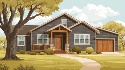 Illustration of a simple, single-story suburban home in an autumnal landscape