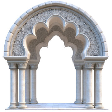 Ornate archway with patterned relief, columns, and trefoil cusps