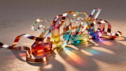 Colorful metallic ribbon numbers spelling '2026' arranged on a reflective surface with vibrant light reflections.