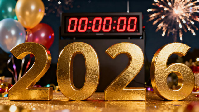 Golden 2026 numerals with digital countdown timer and festive decorations for New Year celebration