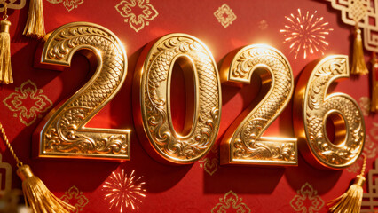 Golden 2026 numerals on a red decorative background with Chinese New Year motifs