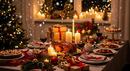 Festive christmas dinner table adorned with candles and presents, creating a warm and inviting atmosphere for a holiday celebration.