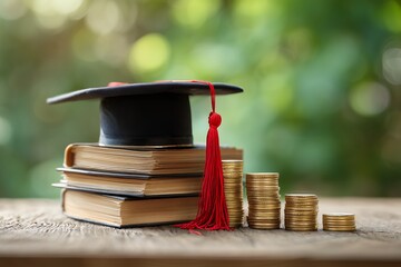 Graduation cap on stacked books with gold coins on wooden table and blurred background, concept for education investment, financial planning and academic success