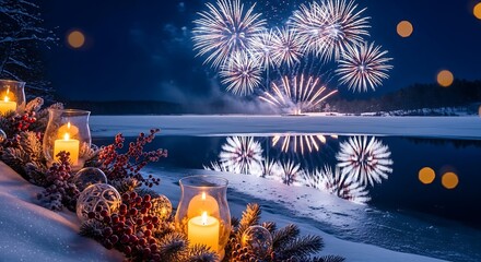 Fireworks explode over a frozen lake at night, reflecting in the water with candles glowing in the foreground, creating a festive and magical winter scene.