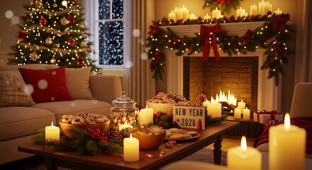 Cozy living room decorated for christmas with a lit fireplace and candles creating a warm and festive atmosphere for the holidays.
