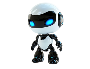Cute, miniature white and black robot with blue eyes stands at attention