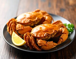 Two Cooked Crabs on a Plate, Garnished with Lemon and Parsley