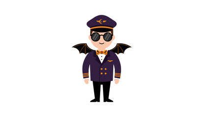 Cartoon pilot dressed in a fun Halloween costume with bat wings and a spooky bow tie