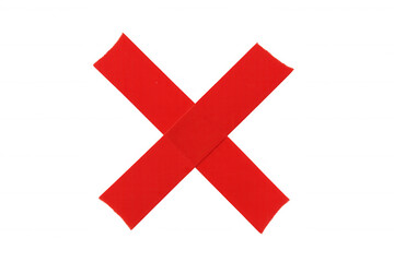 Red duct tape pieces forming an x symbol, indicating a negative result, wrong choice, or restriction. Transparent background