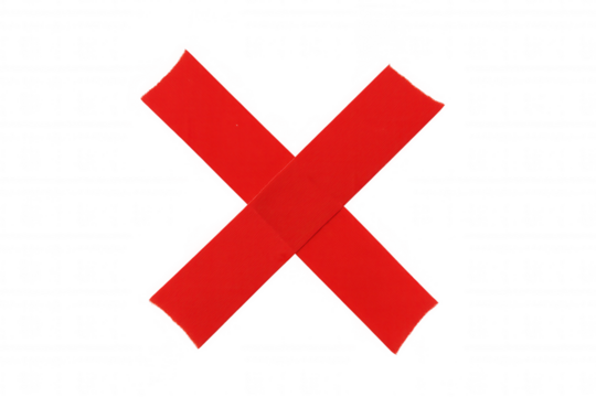 Red duct tape pieces forming an x symbol, indicating a negative result, wrong choice, or restriction. Transparent background