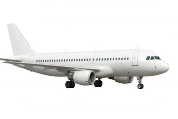 Obraz premium White passenger airplane on a transparent background, side view. Represents air travel, transportation, and global business