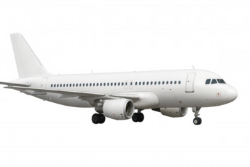 White passenger airplane on a transparent background, side view. Represents air travel, transportation, and global business
