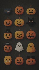 Colorful Halloween pumpkins and decorations arranged artistically on dark background - Low Contrast