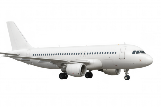White passenger airplane on a transparent background, side view. Represents air travel, transportation, and global business