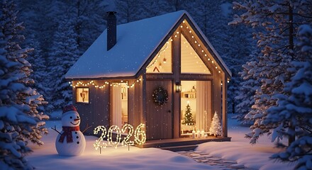 Cozy cabin glows with warm light amidst snowy winter forest, creating a festive and serene holiday scene.