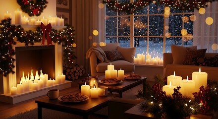 Cozy living room glows with warm candlelight during a peaceful winter evening, creating a festive and inviting atmosphere for holiday celebrations.