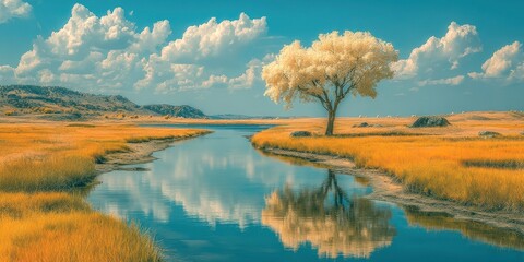 landscape with a solitary tree reflecting in the calm water on a sunny day in a rural area