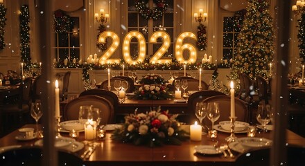 Elegant dining table set for new year's eve 2026 in cozy home with candles and christmas tree creating warm and festive atmosphere.