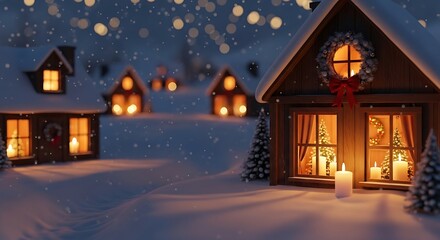 Cozy village houses glow with warm light during a snowy Christmas night, creating a magical and festive atmosphere.
