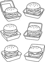 Vector outline for coloring, delicious burger in a container