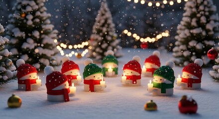 Festive christmas candles glow warmly in snowy forest scene, creating a cozy and magical holiday atmosphere with twinkling lights and soft shadows.